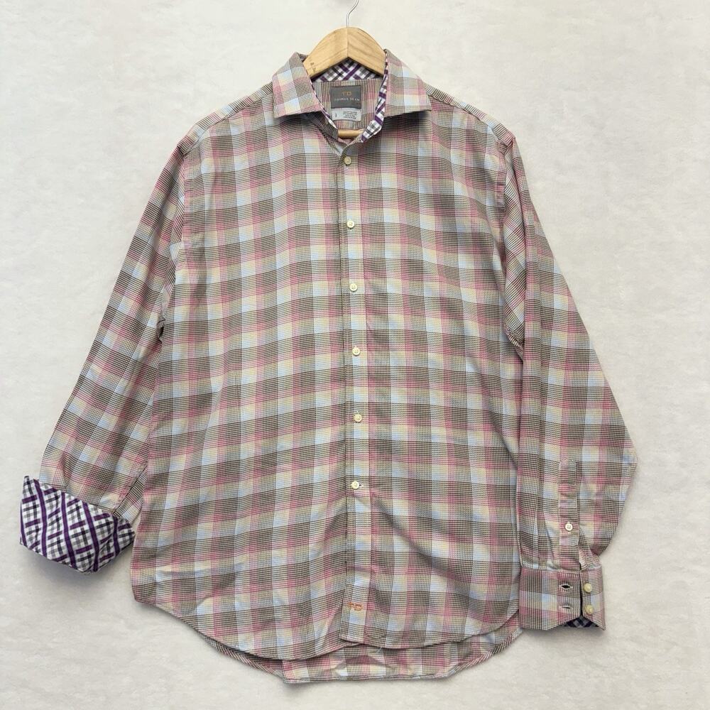 Thomas Dean Shirt Mens Large Multicolor Glen Plaid Cotton Flip Cuff Long Sleeve